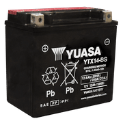 Battery Yuasa YTX14-BS AGM Sea-Doo; black case with white logo and exposed terminals