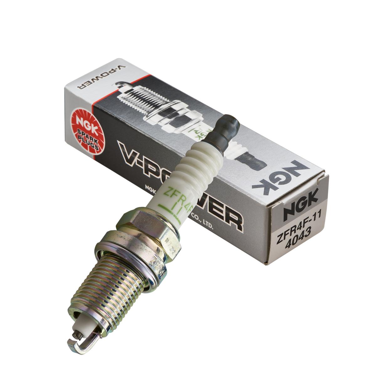 NGK ZFR4F-11 spark plug with box, silver threaded shell and white insulator, watercraft ignition part