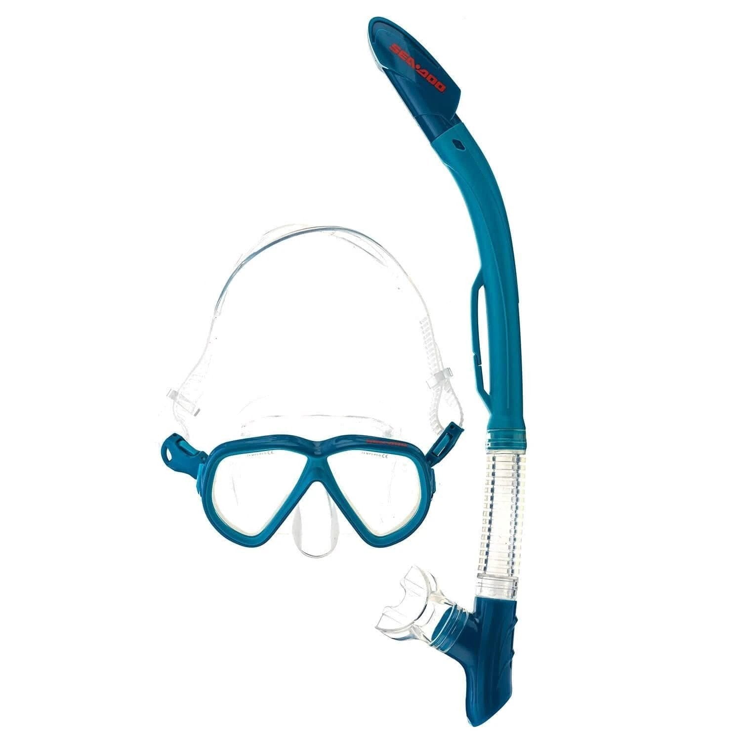 Sea-Doo snorkeling set for adults in blue with mask and snorkel, includes mesh carry bag