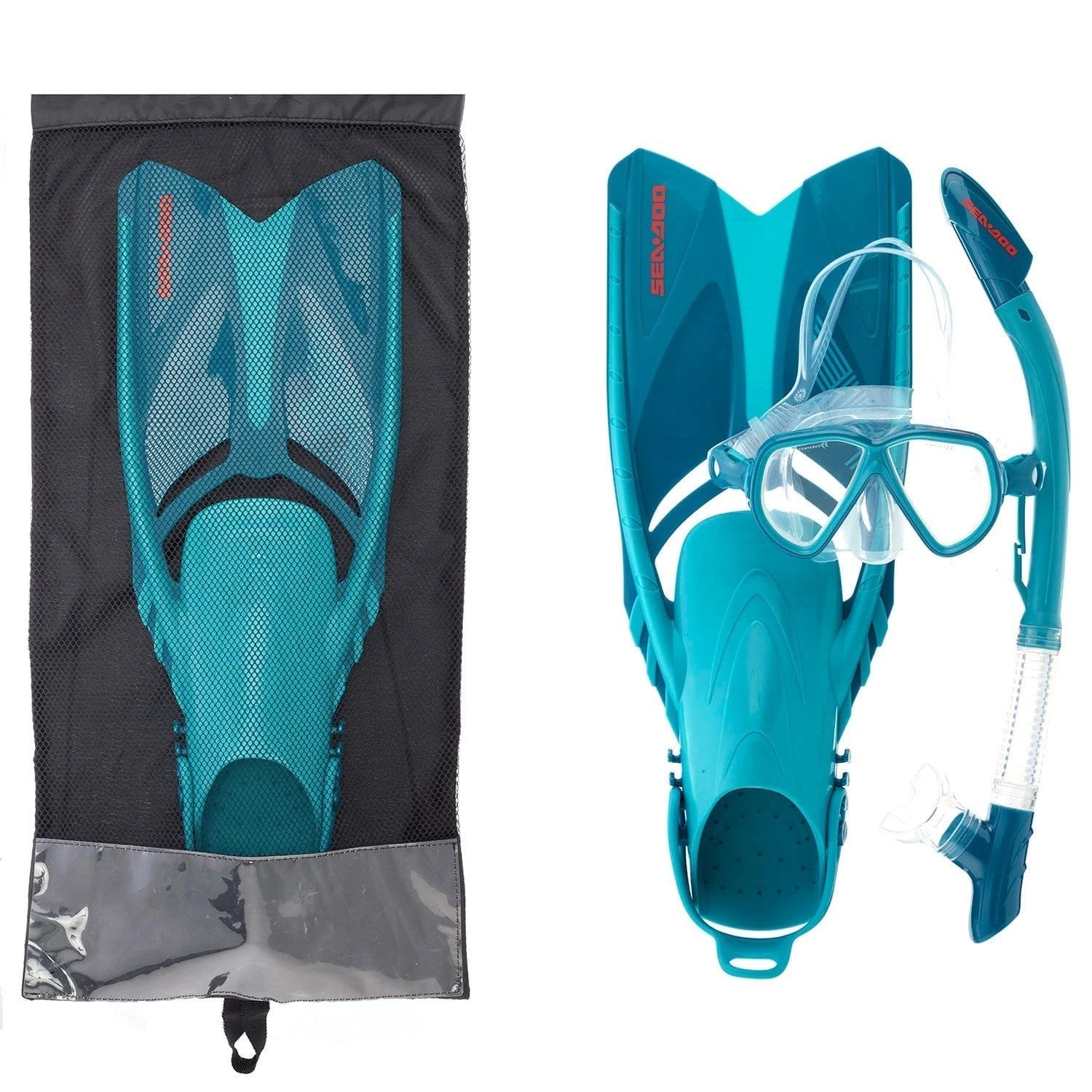 Sea-Doo snorkeling set for adults in teal with mask, snorkel, fins and mesh carry bag