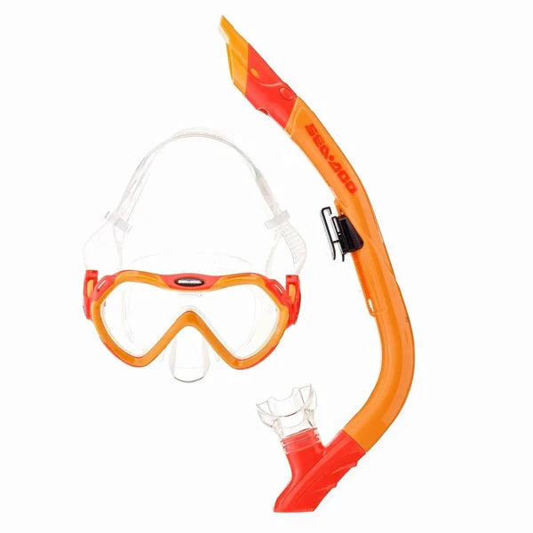 Sea-Doo snorkeling set for youths S/M with orange mask, snorkel, and mesh carry bag
