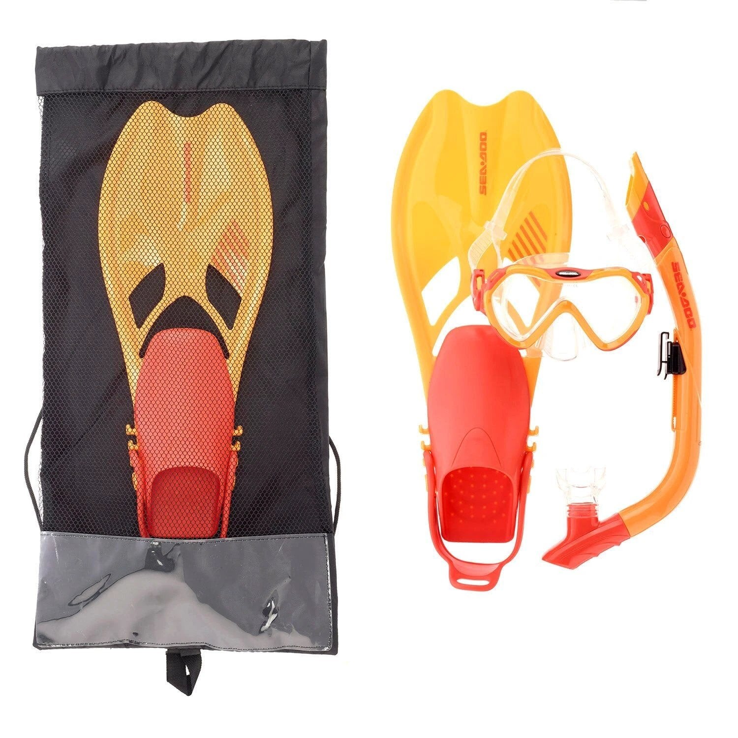 Sea-Doo snorkeling set for youths S/M featuring orange fins, mask and snorkel with mesh carry bag