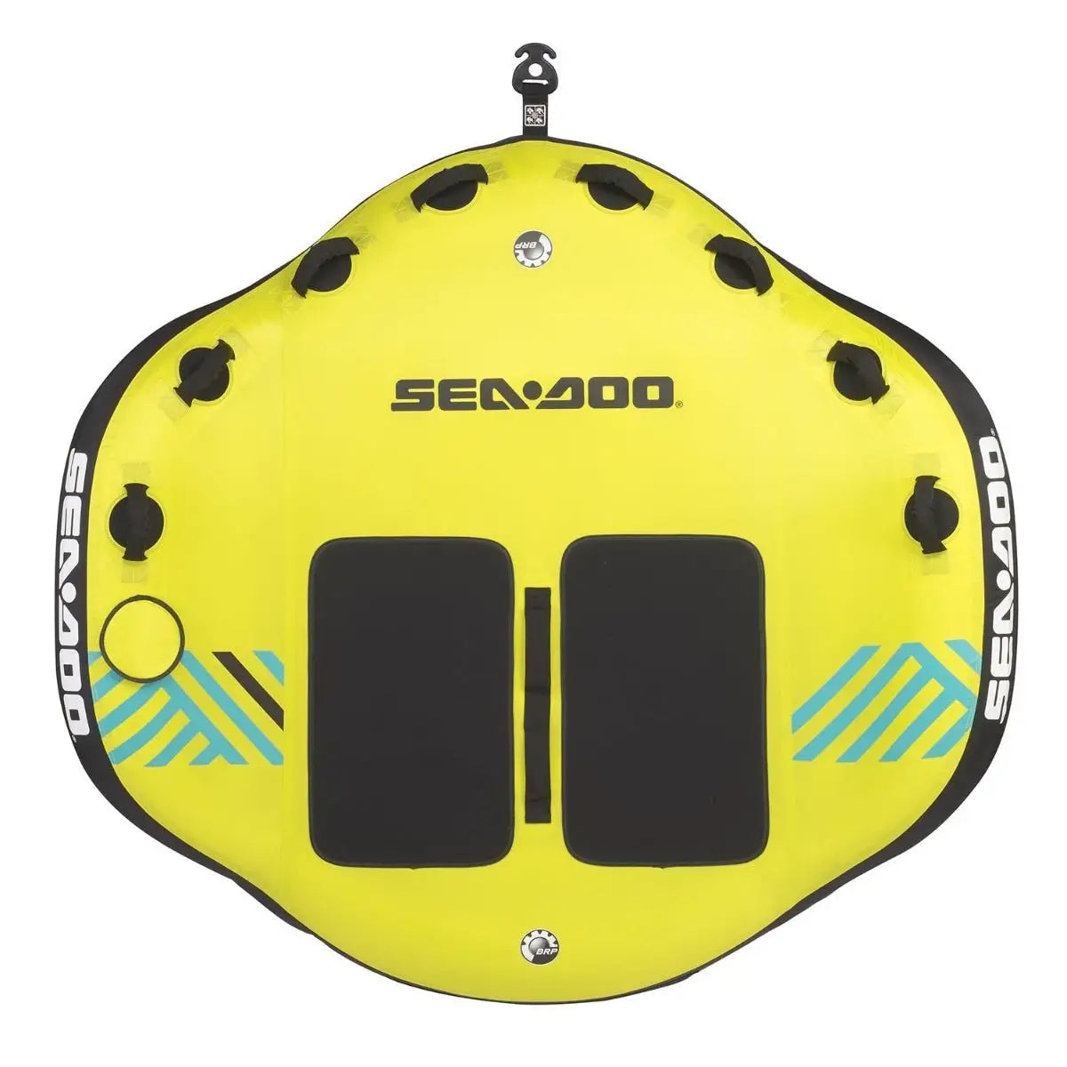 Sea-Doo Two-Person Deck Tube towable; bright yellow inflatable raft with two black seats and blue stripe accents.