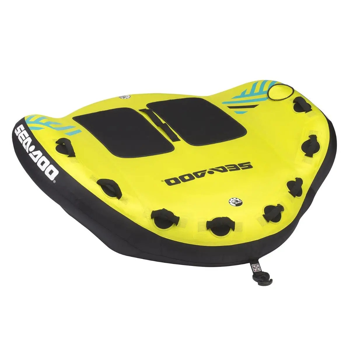 Sea-Doo two-person deck tube water toy in bright yellow with black seating pads and handles