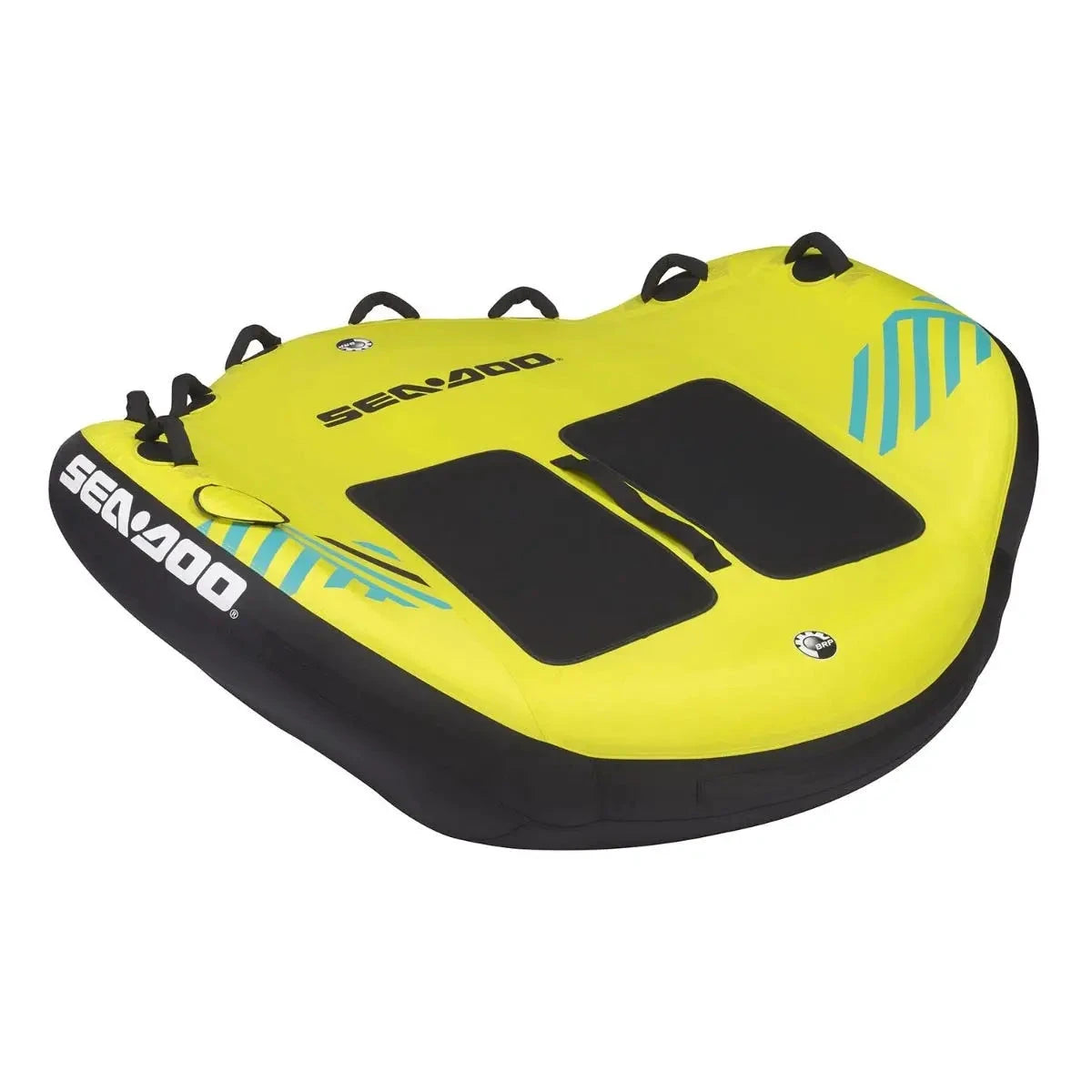 Sea-Doo two-person deck tube bright yellow with black handles and two black seat pads