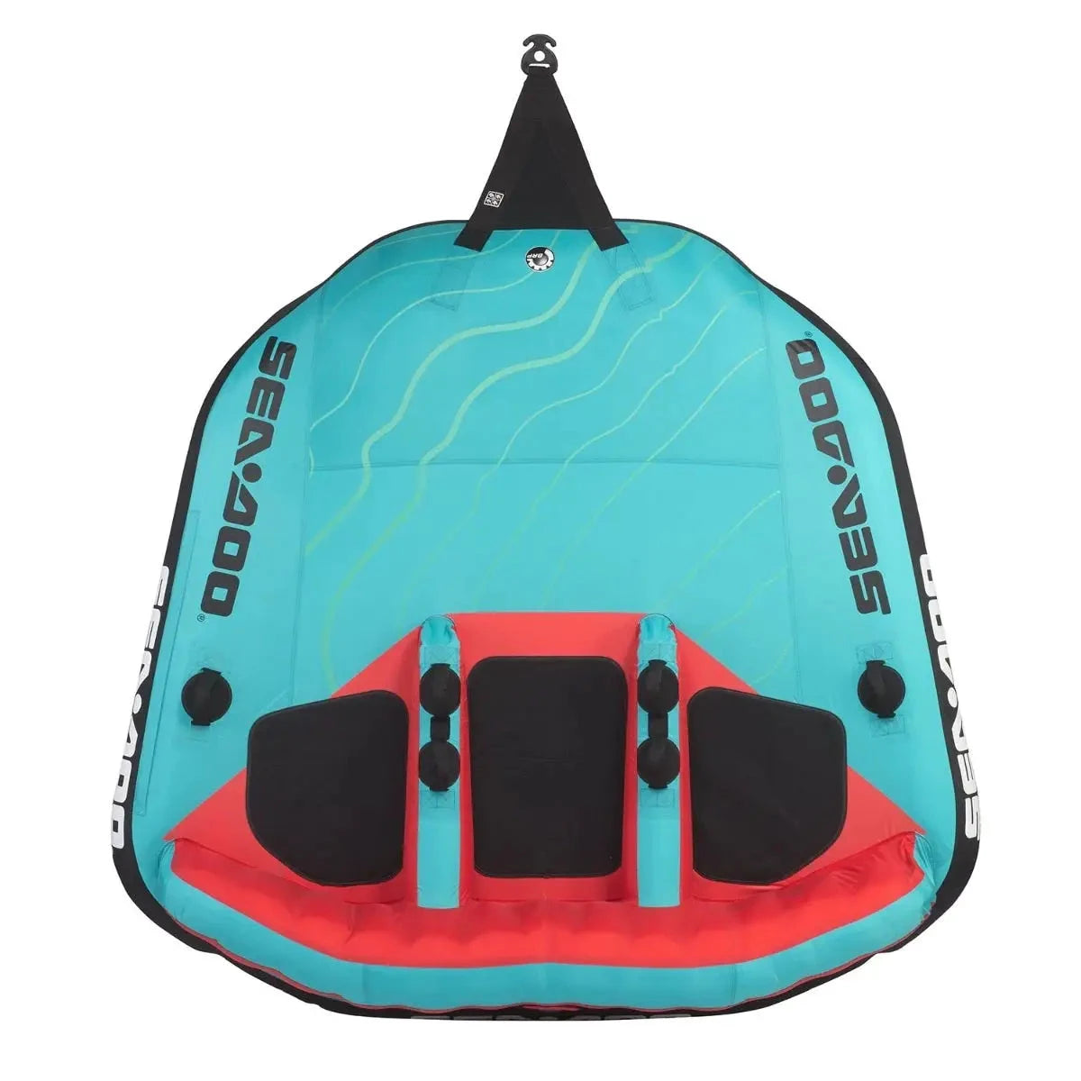 Sea-Doo three-person sit-on-top towable raft; turquoise exterior with red interior and black seats.
