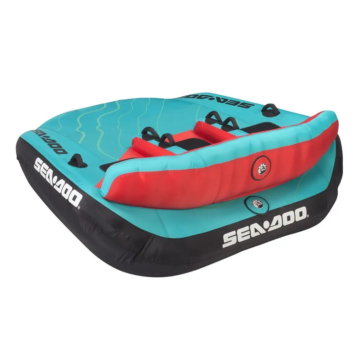 Sea-Doo three-person sit-on-top towable tube in teal with red side pads and black bottom