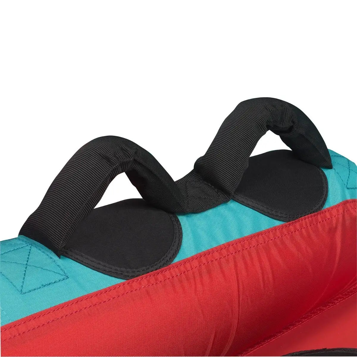 Sea-Doo three-person sit-on-top tube towable raft with black handles on teal and red fabric.