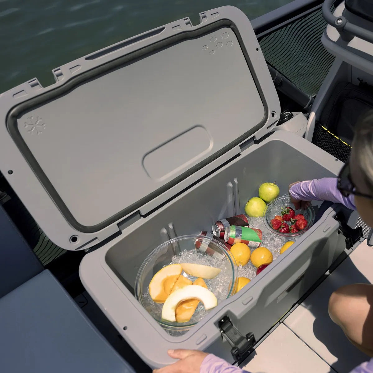 Sea-Doo LinQ Cooler 18-Gal Quick-Attach, gray boating cooler mounted on a pontoon