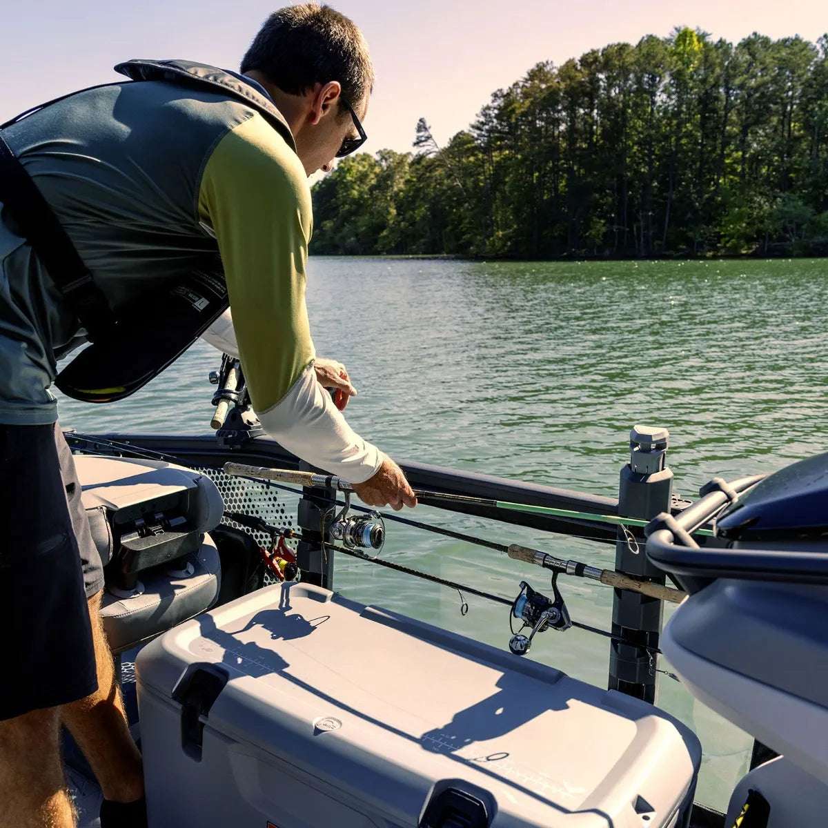 Sea-Doo Switch Quick-Access Rod Storage on a Sea-Doo watercraft with side rod racks and cooler