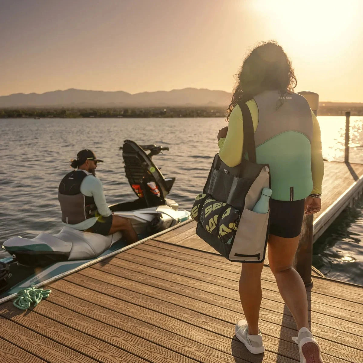 Sea-Doo LinQ insulated tote bag, 8.5 gal, tan and black with multiple pockets.