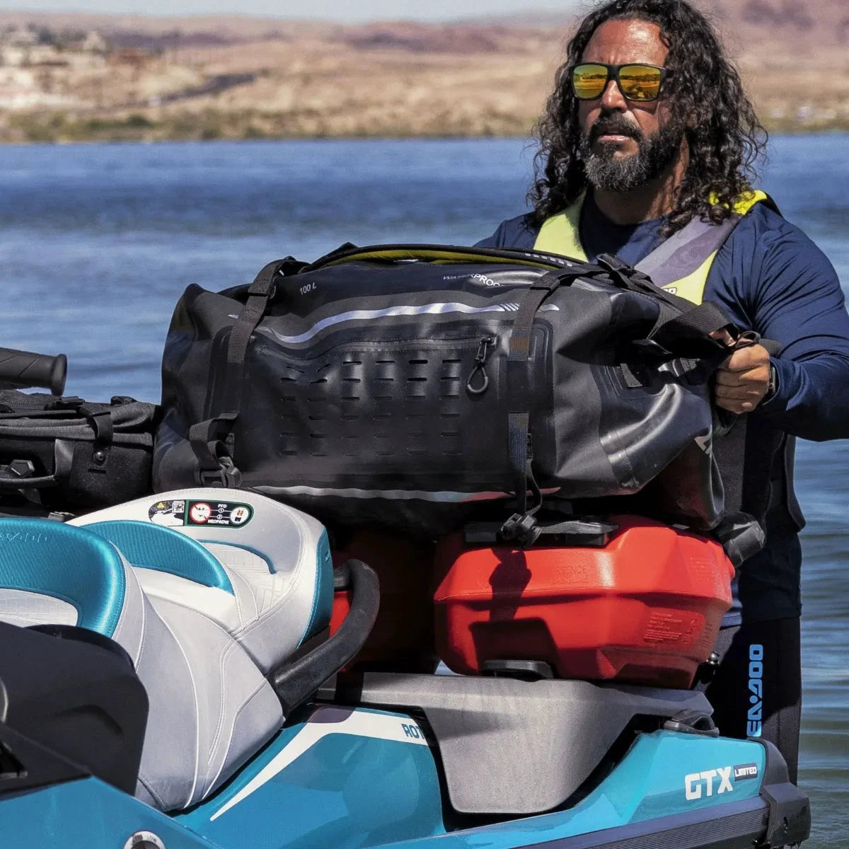 Sea-Doo LinQ Explorer Bag, black waterproof storage bag mounted on GTX watercraft
