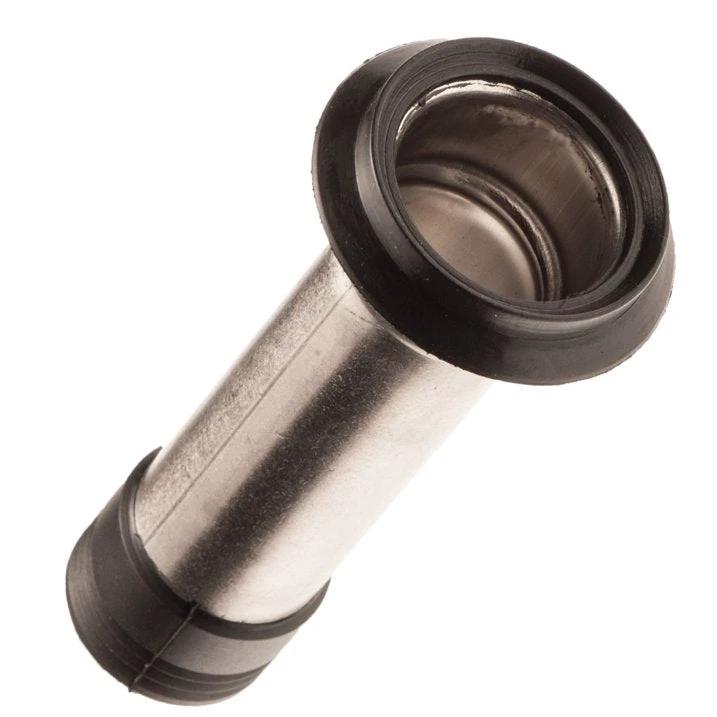 Sea-Doo spark plug pipe, BRP watercraft engine part; metallic silver tube with black rubber seals