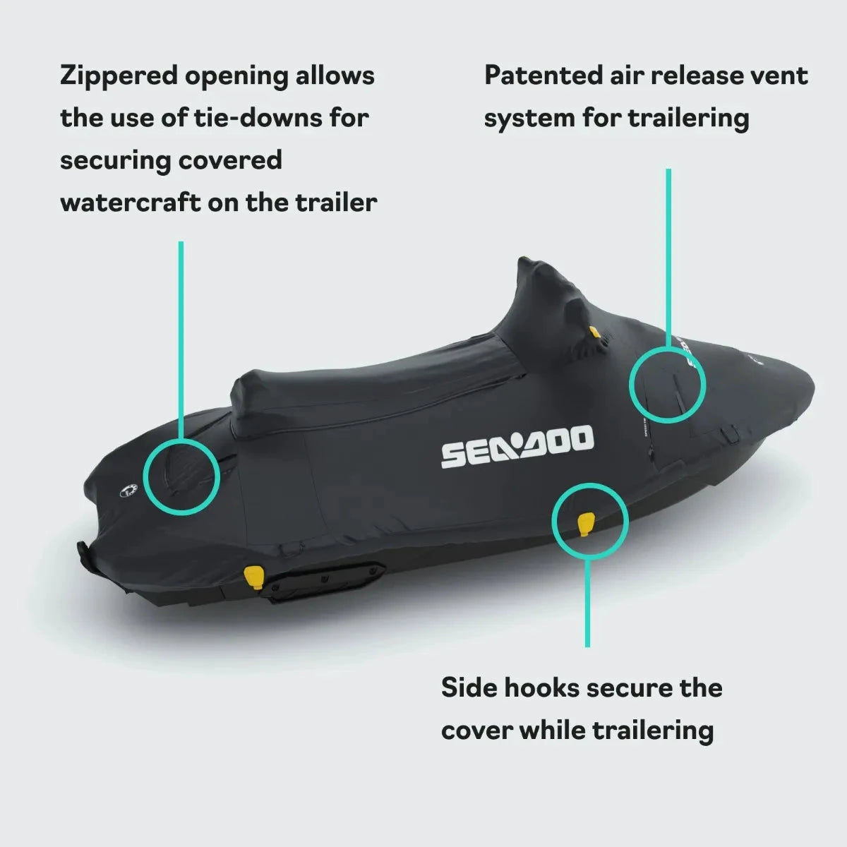 Sea-Doo PWC Cover for Spark 3-Seater; black BRP OEM watercraft storage cover with yellow tie-downs and side hooks