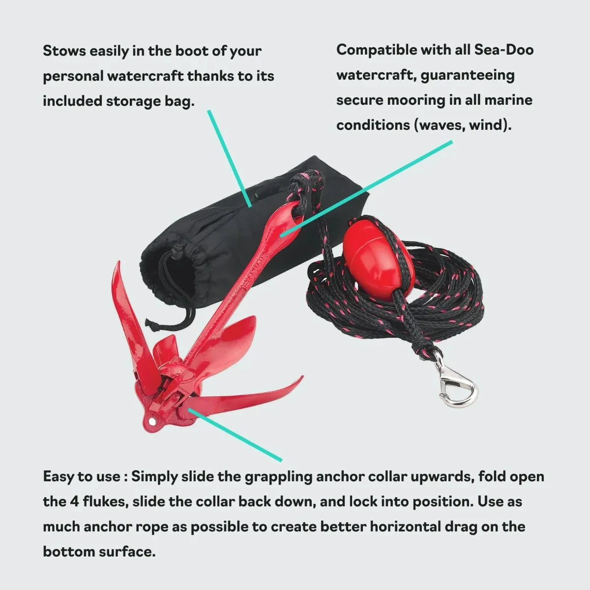 Sea-Doo Folding Anchor with red anchor, black storage bag, and coiled rope