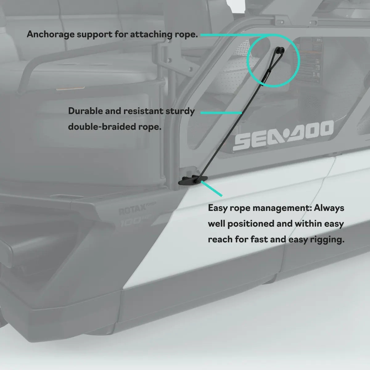 Sea-Doo Switch Speed Tie with black double-braided rope for docking and anchoring