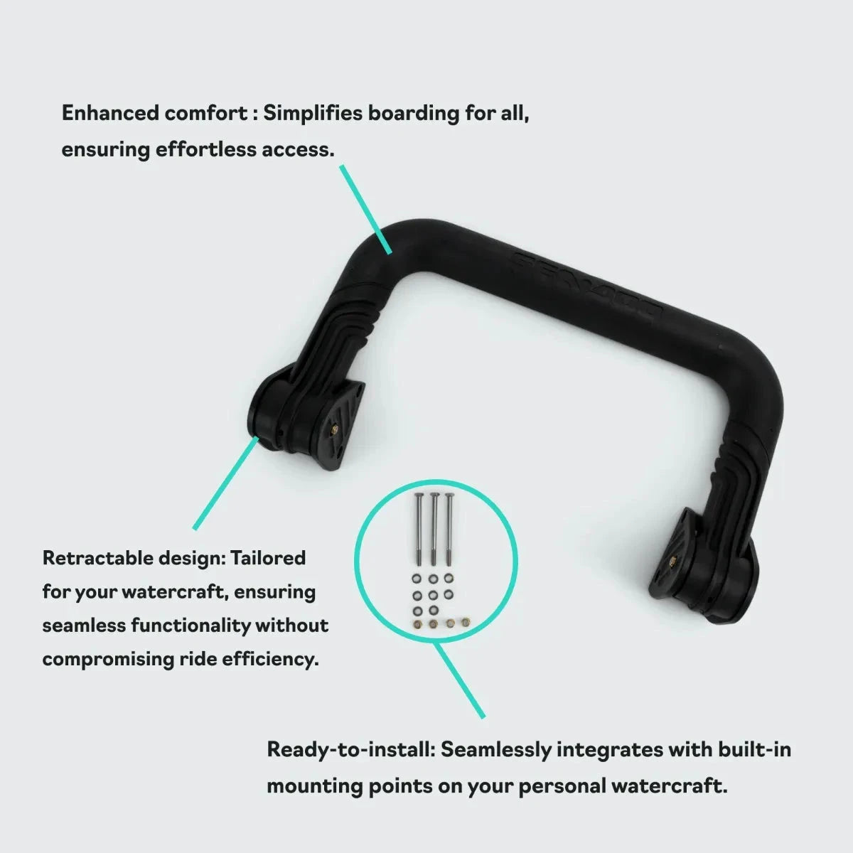 Sea-Doo PWC Boarding Ladder, black plastic boat ladder with mounting hardware.