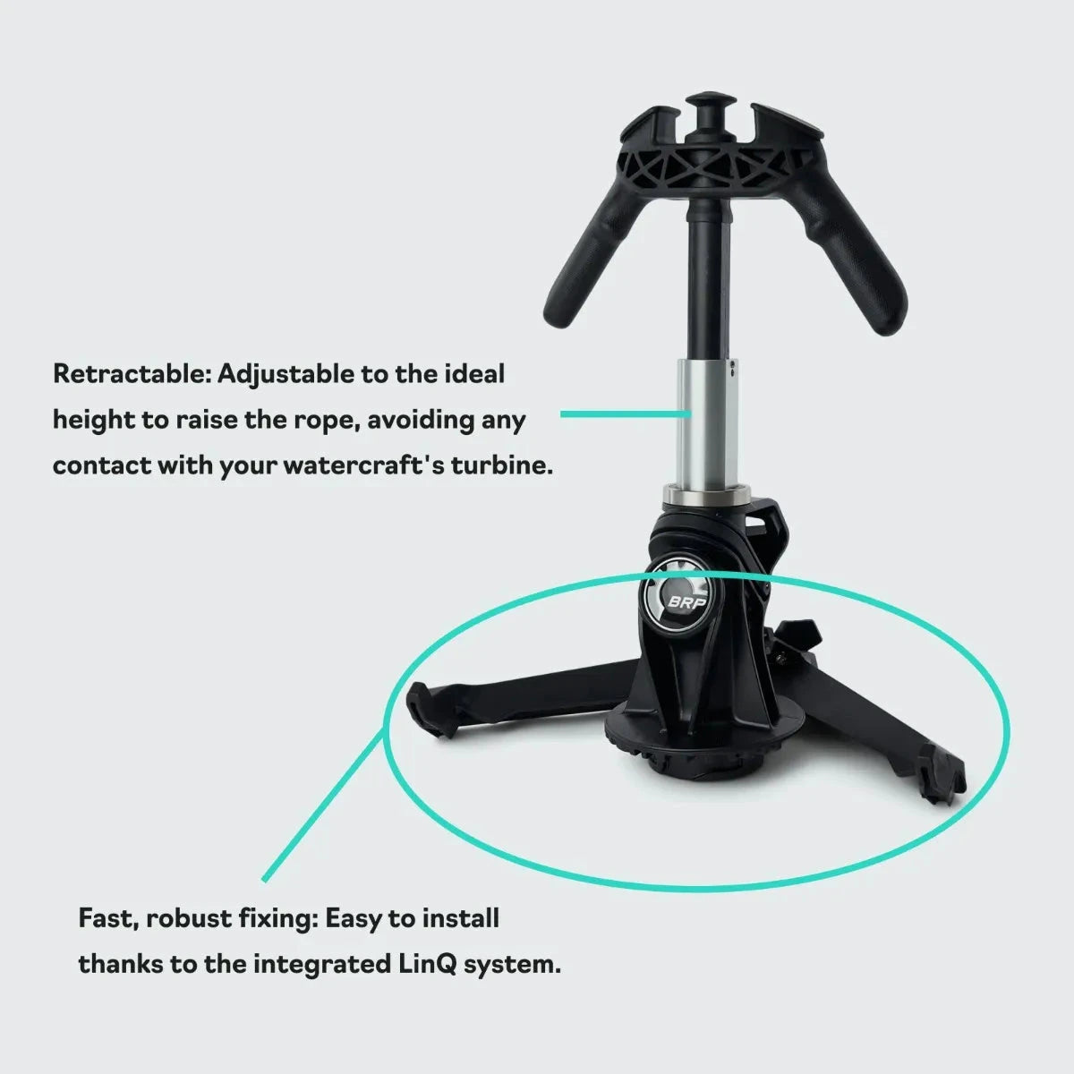 Sea-Doo LinQ Retractable Ski Pylon, watercraft accessory with adjustable height and integrated LinQ system.