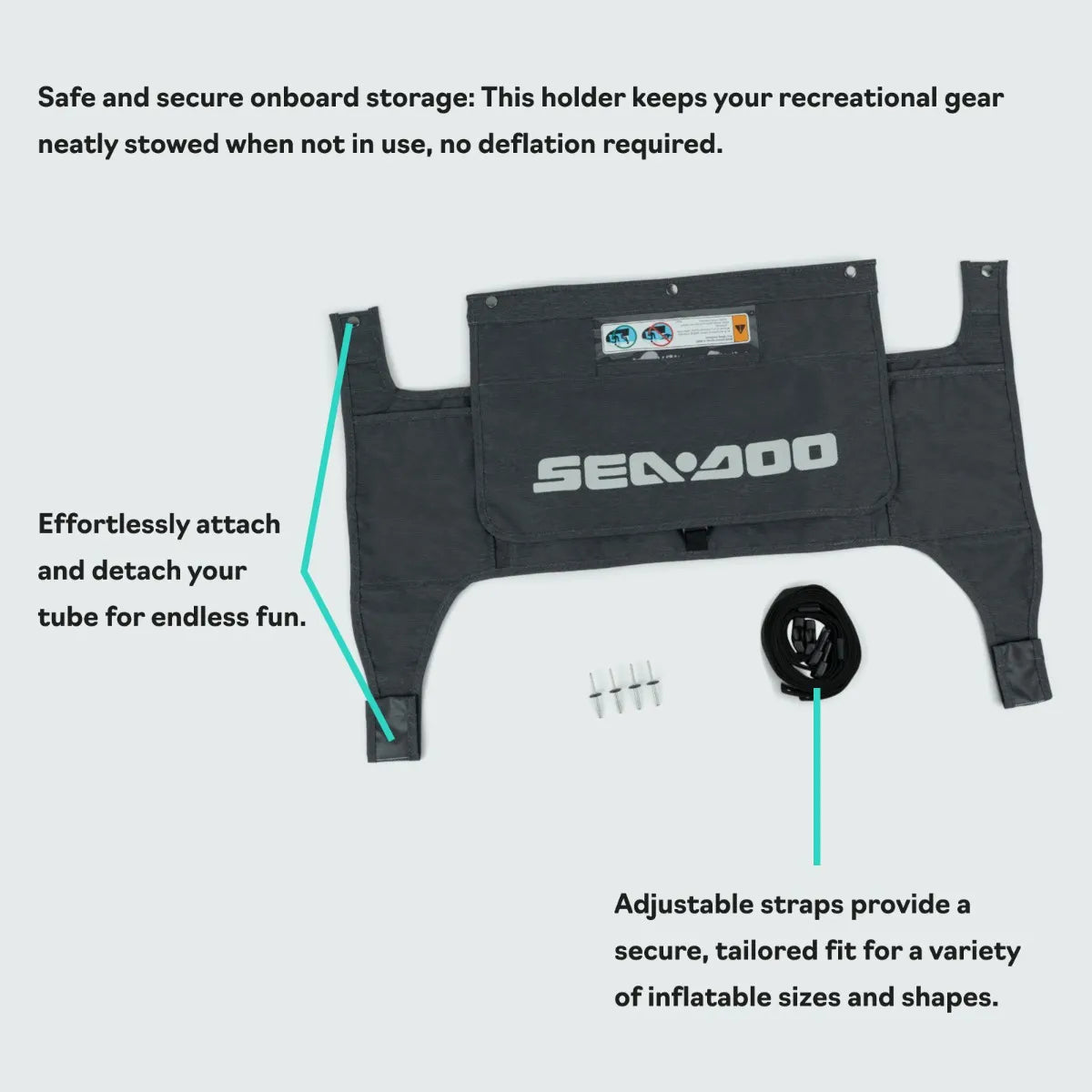 Sea-Doo Switch Quick Attach Inflatable Holder for boat storage, black fabric with adjustable straps.
