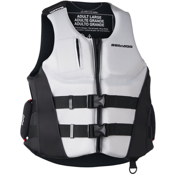 Sea-Doo Wave Grip PFD Life Jacket, unisex white with black side panels and dual front buckles.