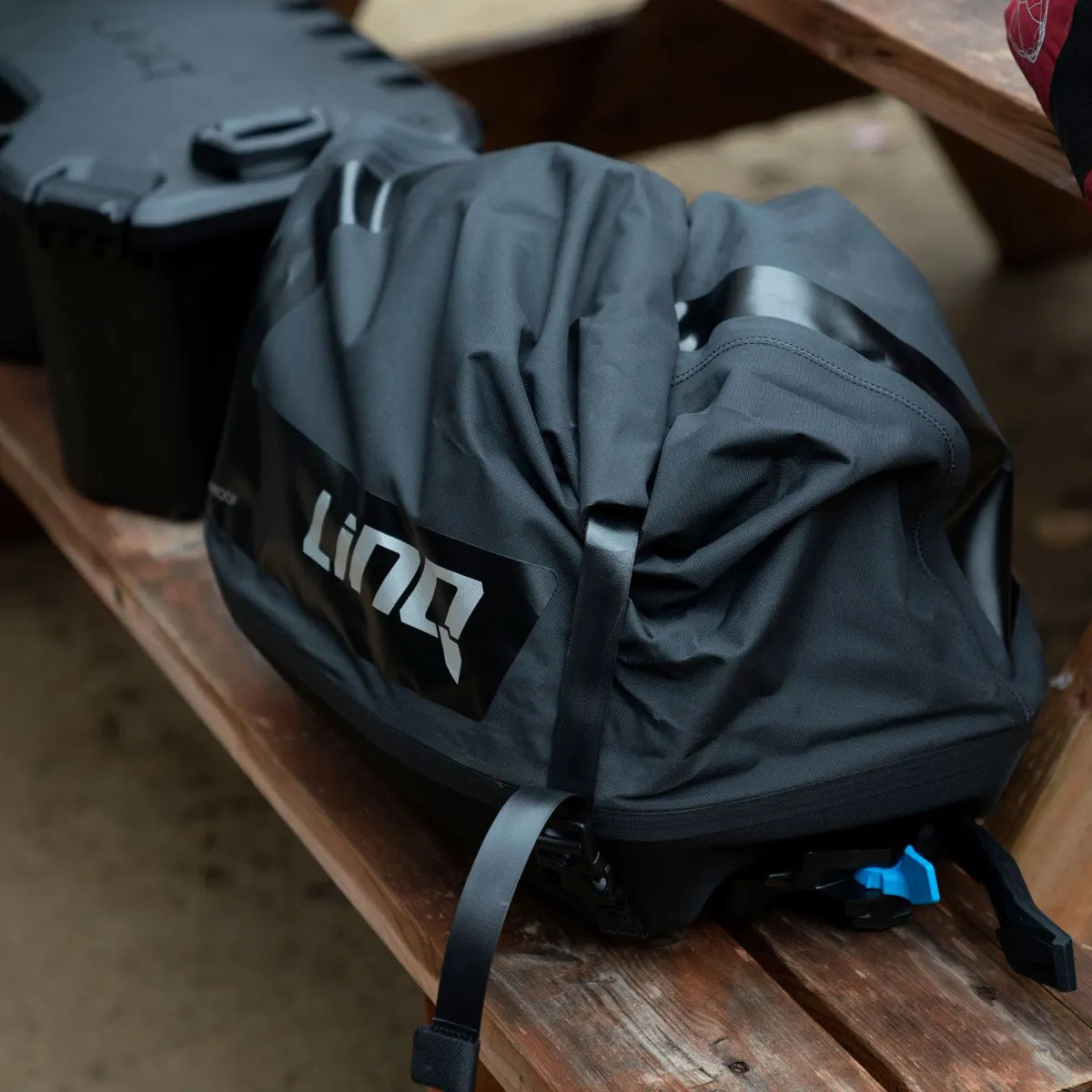 Sea-Doo LinQ Dry Bag black/gray with blue buckle and prominent LinQ logo