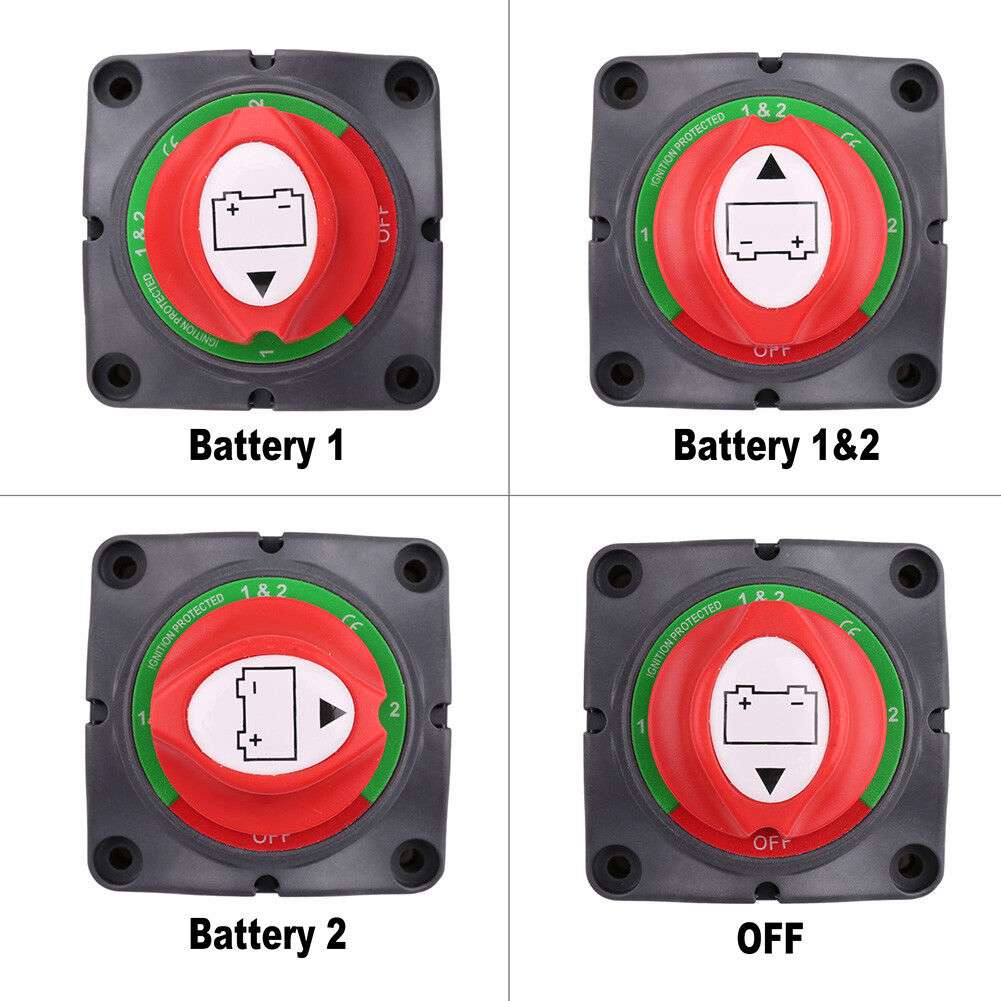 Sea-Doo Switch dual battery switch, four-position red rotary dial with green ring showing Battery 1, Battery 1&2, Battery 2, OFF