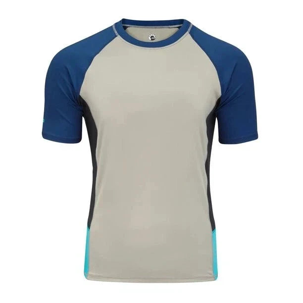 Sea-Doo men's short-sleeve rashguard, gray torso with blue sleeves and black side panels.