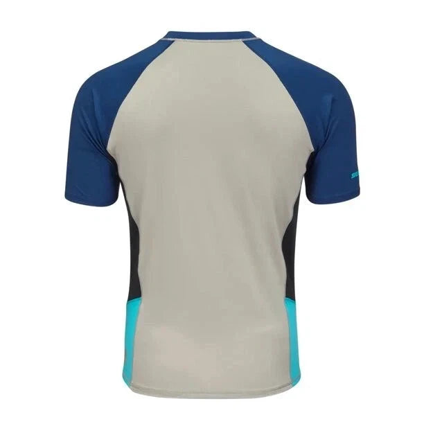 Sea-Doo men's short sleeve rashguard Performance by BRP with beige torso, navy sleeves, and teal side panels