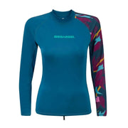 Sea-Doo women's exotic long-sleeve rashguard in teal with a multicolor patterned sleeve.
