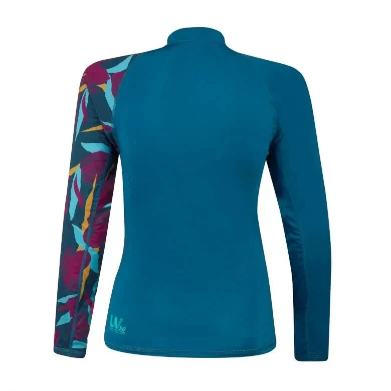 Sea-Doo Women’s Exotic long-sleeve rashguard; teal body with a multicolor patterned left sleeve