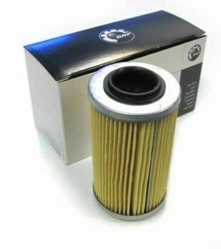 Sea-Doo XPS oil filter; tan pleated paper element with black gasket, BRP box shown.
