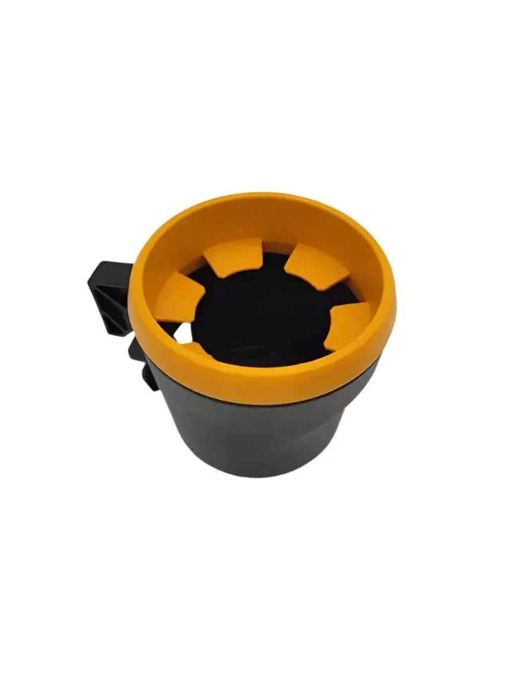 Sea-Doo LinQ Cup Holder for PWC, yellow-rimmed top with gray body and mounting clip.