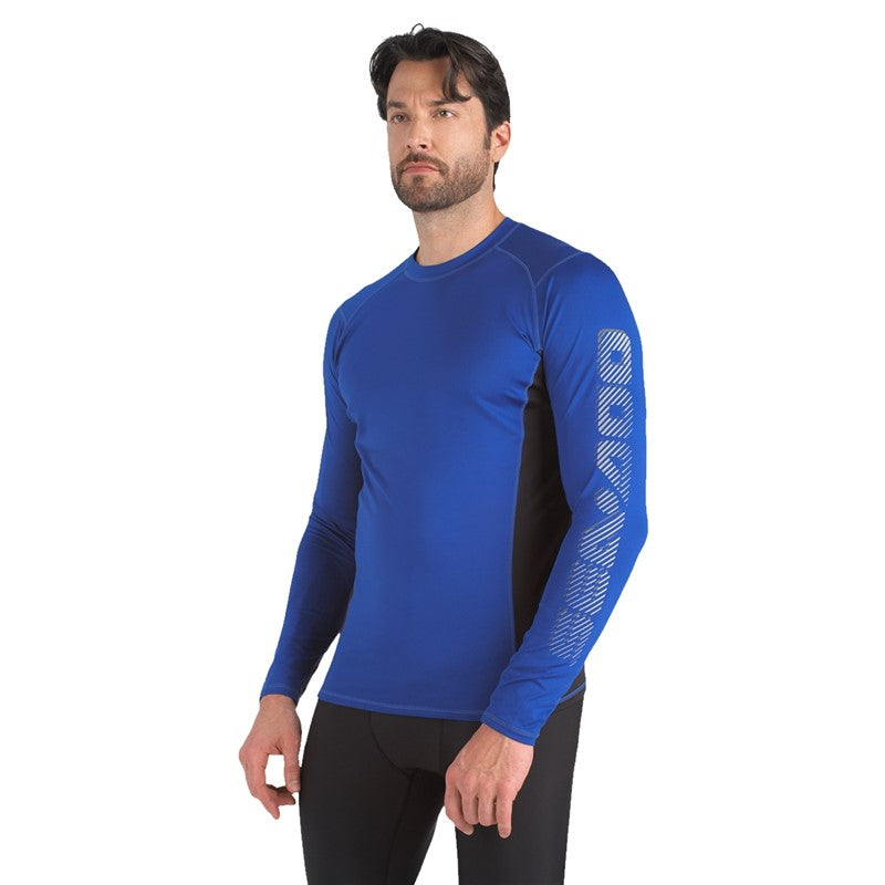 Sea-Doo men's long-sleeve rash guard, blue with black side panels and Sea-Doo branding on the sleeve.