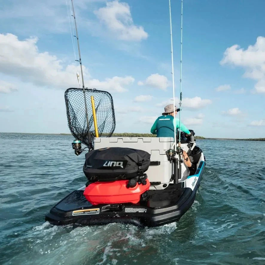 Sea-Doo LinQ Dry Bag, black LinQ-compatible storage bag mounted on a jet ski.
