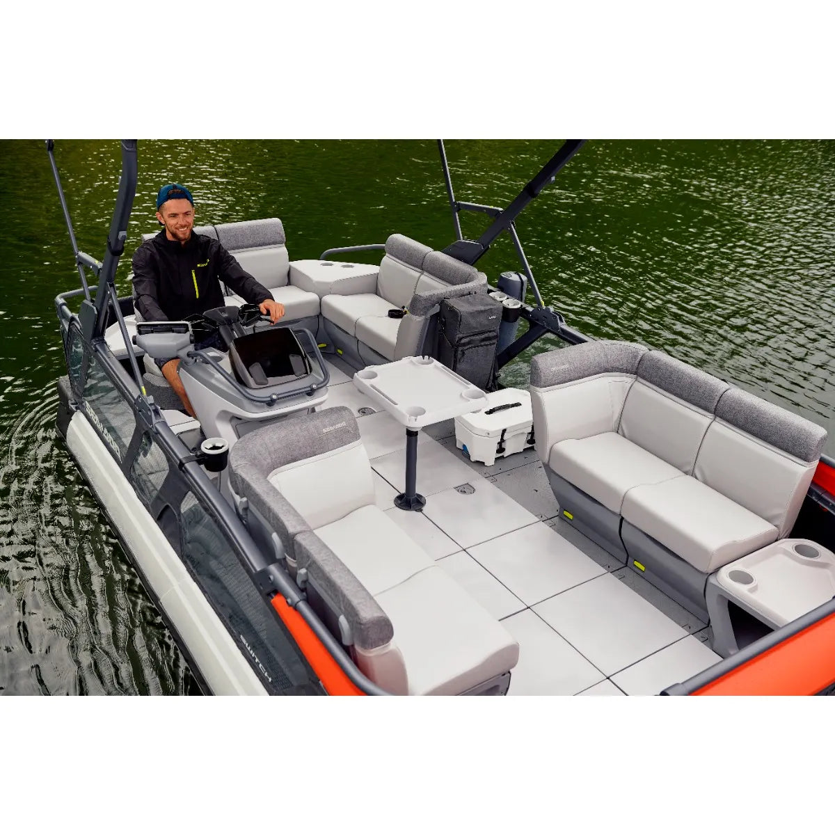 Sea-Doo Switch Adjustable Table on a white-gray watercraft interior with a pedestal table.