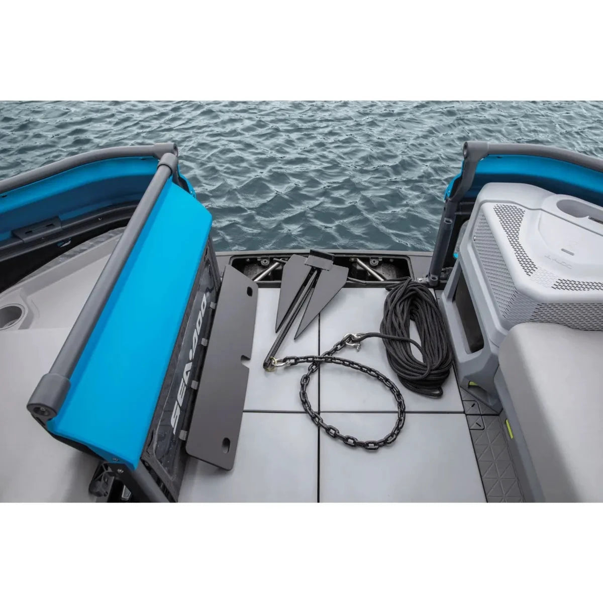Sea-Doo Switch Anchor Kit with chain, rope and mounting hardware on boat deck