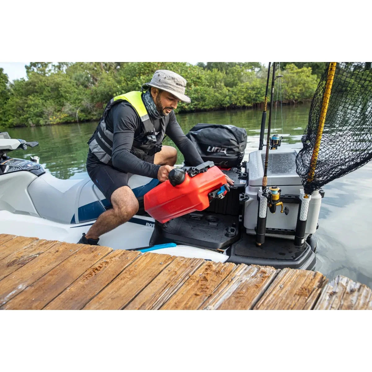 Sea-Doo LinQ Multi Cargo Rack on BRP watercraft; black cargo rack with red fuel can