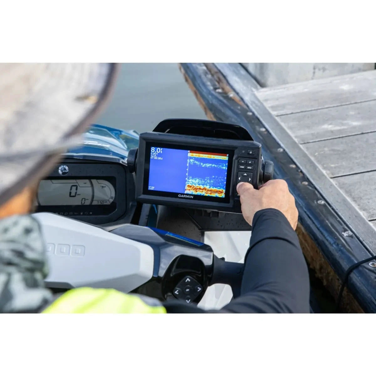 Garmin ECHOMAP UHD 62cv GPS chartplotter mounted on Sea-Doo PWC with blue sonar screen visible.