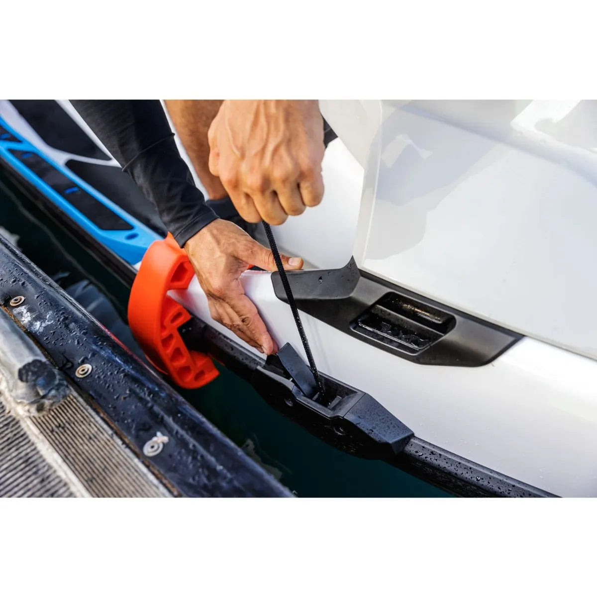 Sea-Doo Snap-in Fenders, orange docking accessories for hull protection on a boat