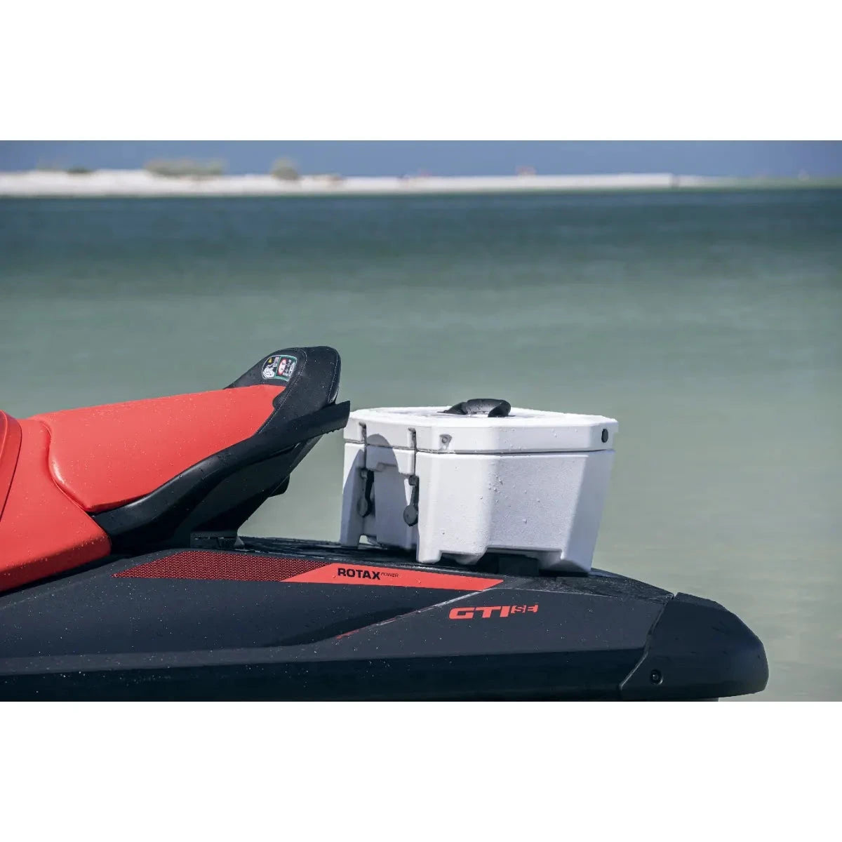 Sea-Doo LinQ 4.2 US gal rigid cooler mounted on a Sea-Doo GTI jet ski.