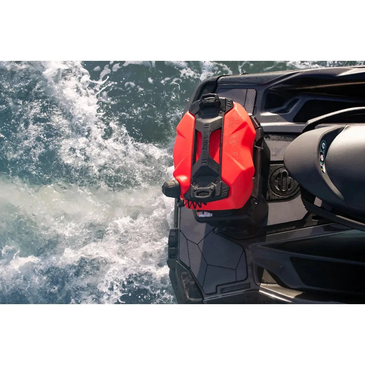 Sea-Doo BRP LinQ 3.8 US Gal Fuel Caddy, red, mounted on a Sea-Doo watercraft.