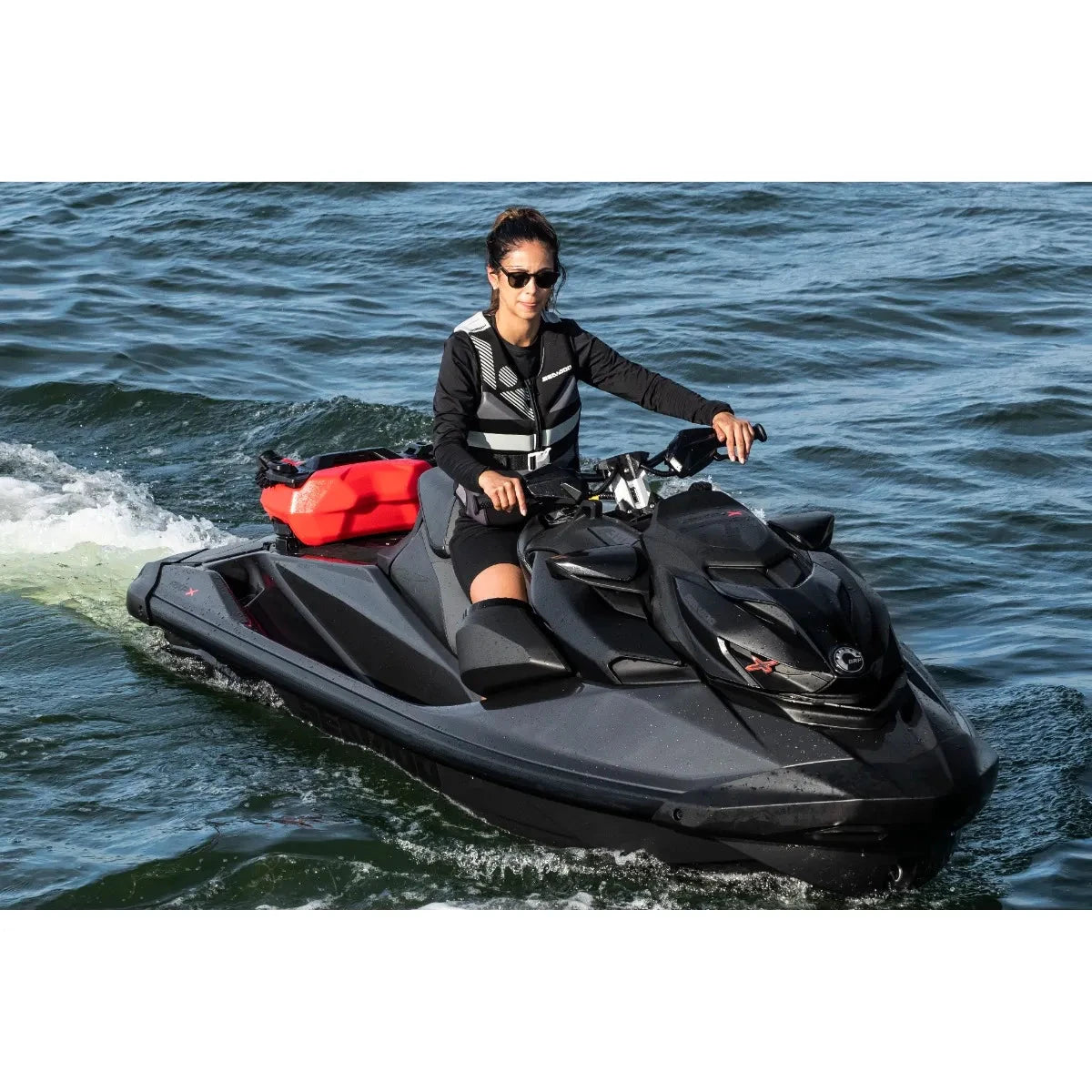 Sea-Doo BRP LinQ 3.8 US gal fuel caddy, red container, mounted on a black Sea-Doo jet ski.