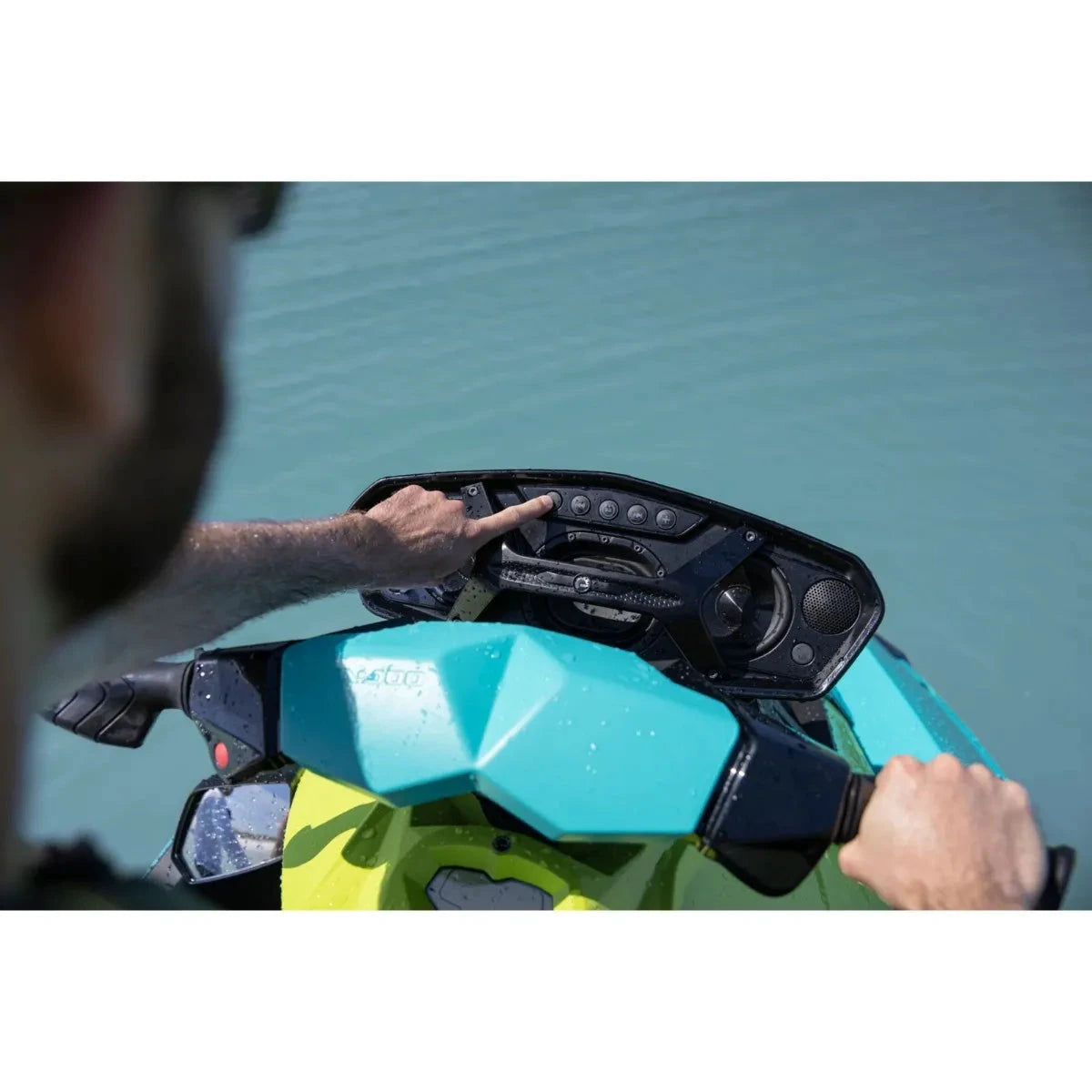 Sea-Doo Spark Audio-Portable marine speaker system mounted on blue Sea-Doo watercraft