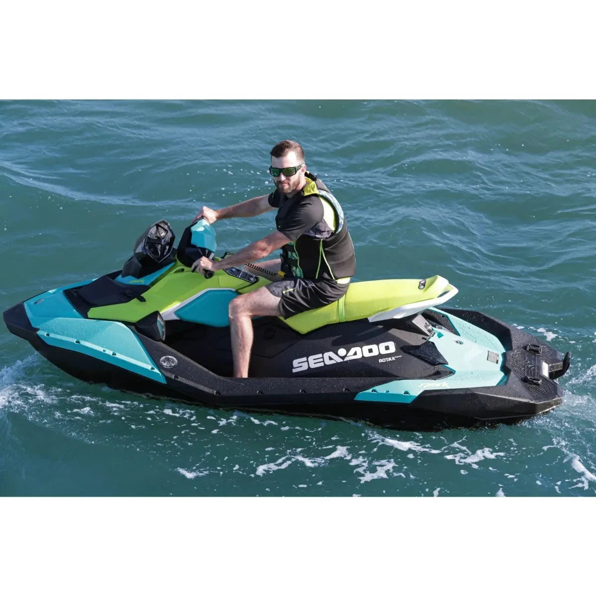 Sea-Doo Spark Audio-Portable System on turquoise and lime-green Sea-Doo Spark PWC.
