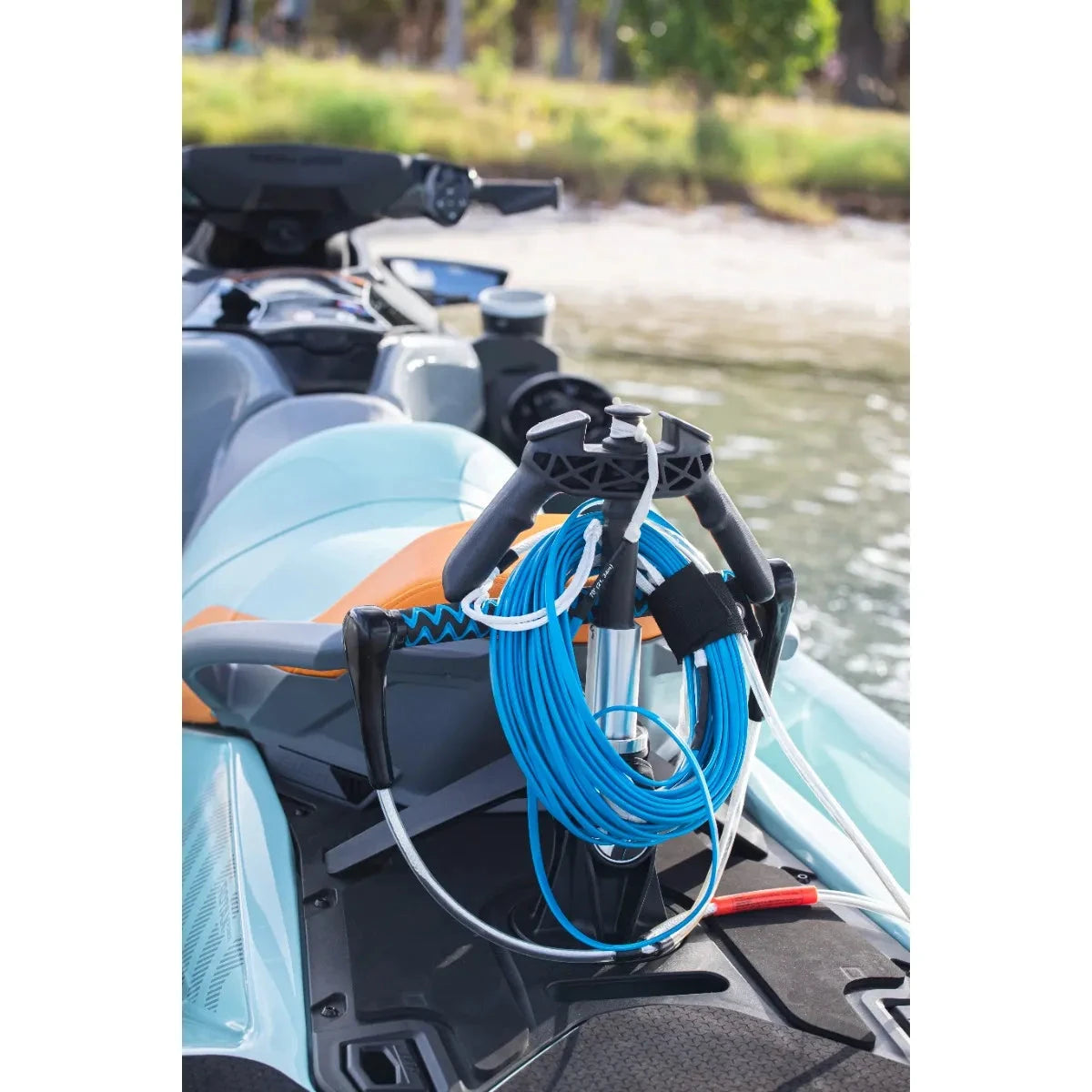 LinQ Retractable Ski Pylon with blue tow rope on Sea-Doo watercraft