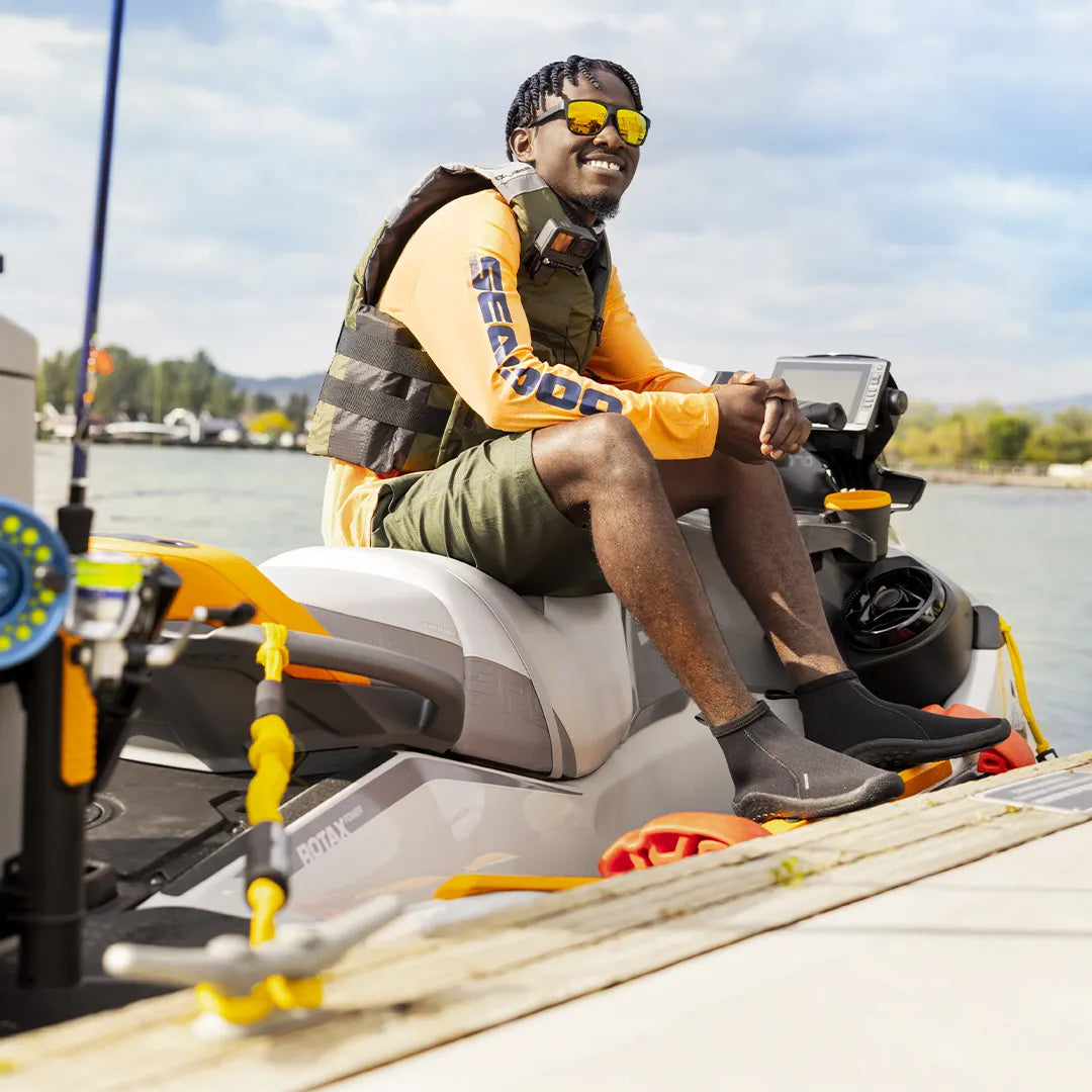 Sea-Doo Dock Tie 4' docking accessory; yellow dock rope securing a jet ski at a dock