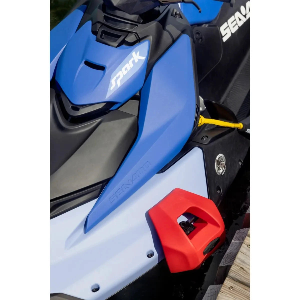 Sea-Doo Spark LinQ Lite Fenders; red docking fender attached to a blue Sea-Doo Spark watercraft