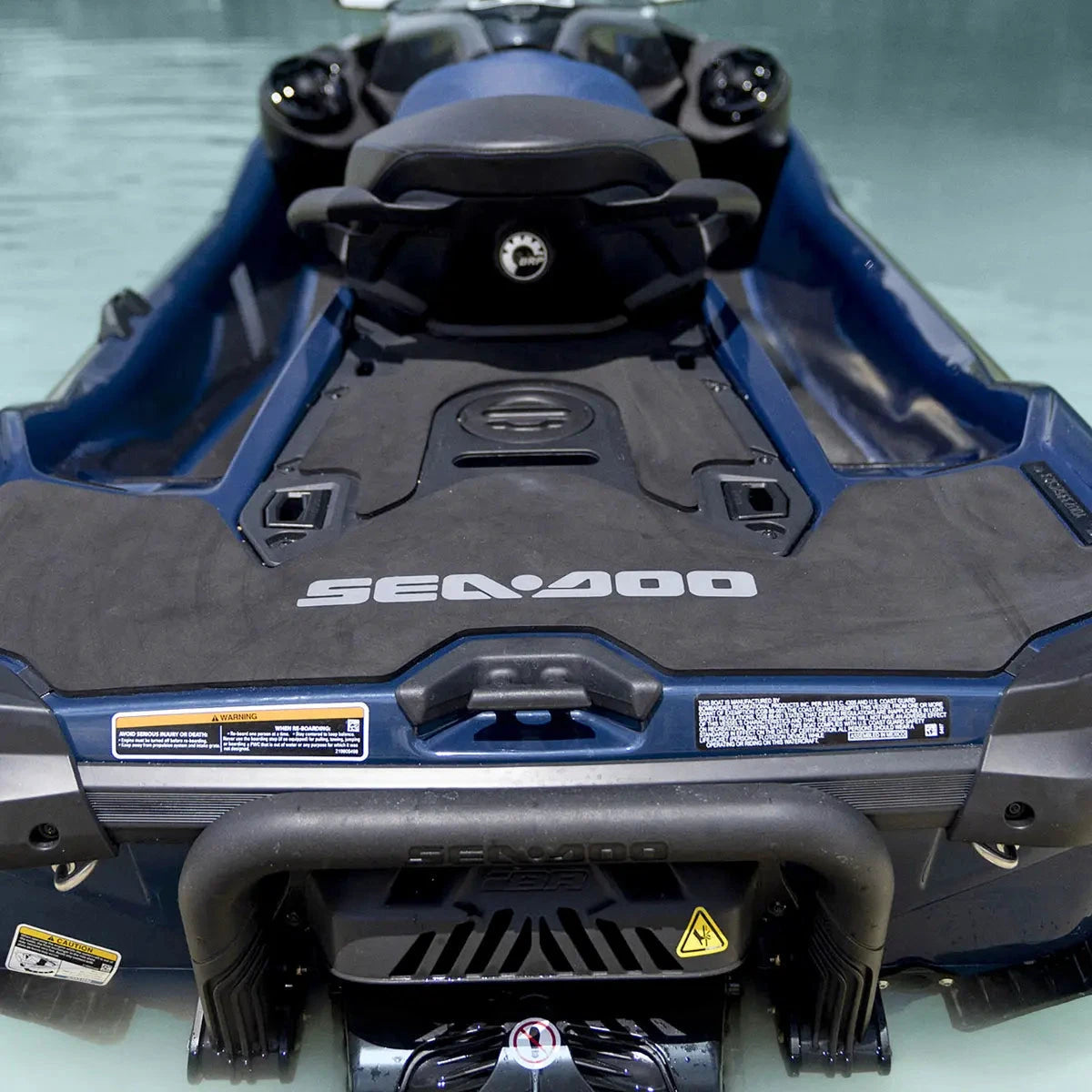Sea-Doo PWC Boarding Ladder mounted on blue Sea-Doo watercraft rear deck
