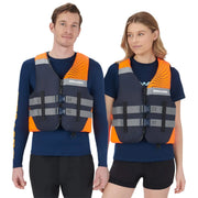 Sea-Doo Motion life jackets in orange and navy with grey straps on two people wearing navy shirts