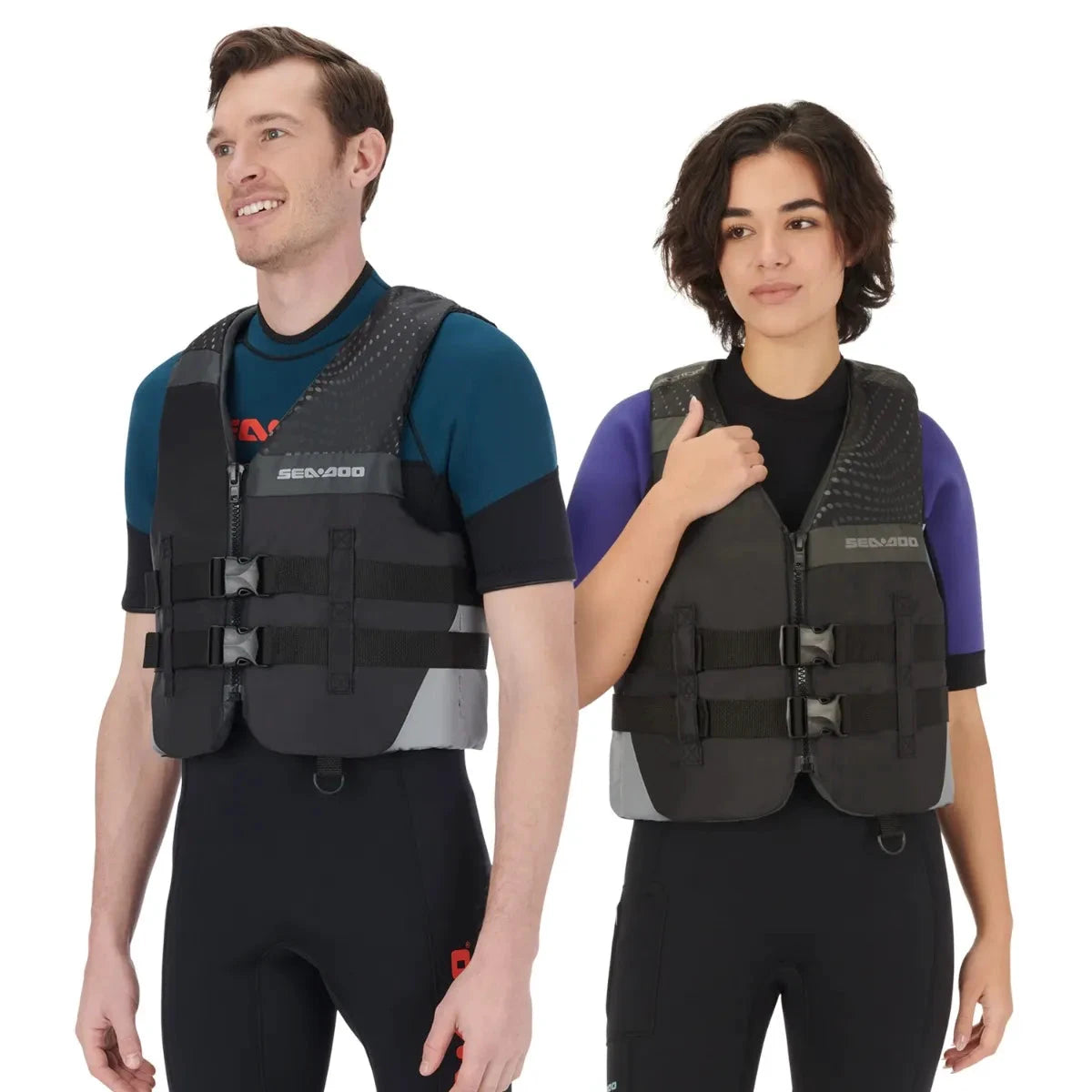 Sea-Doo Motion PFD life jacket, black/gray, worn by two people